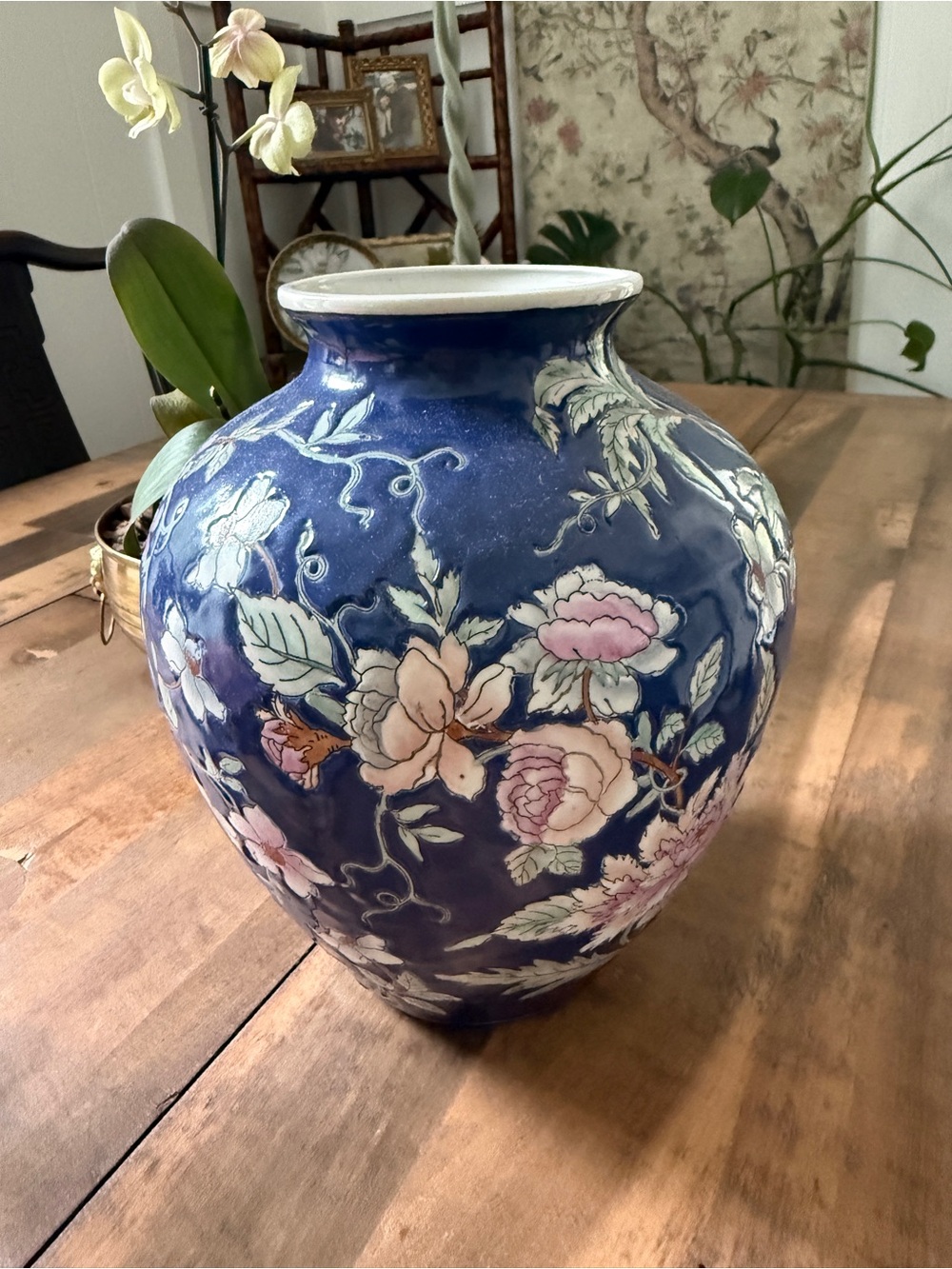 Blue Floral Ceramic Vase - Elegant Home Accent ~ Vintage Japan